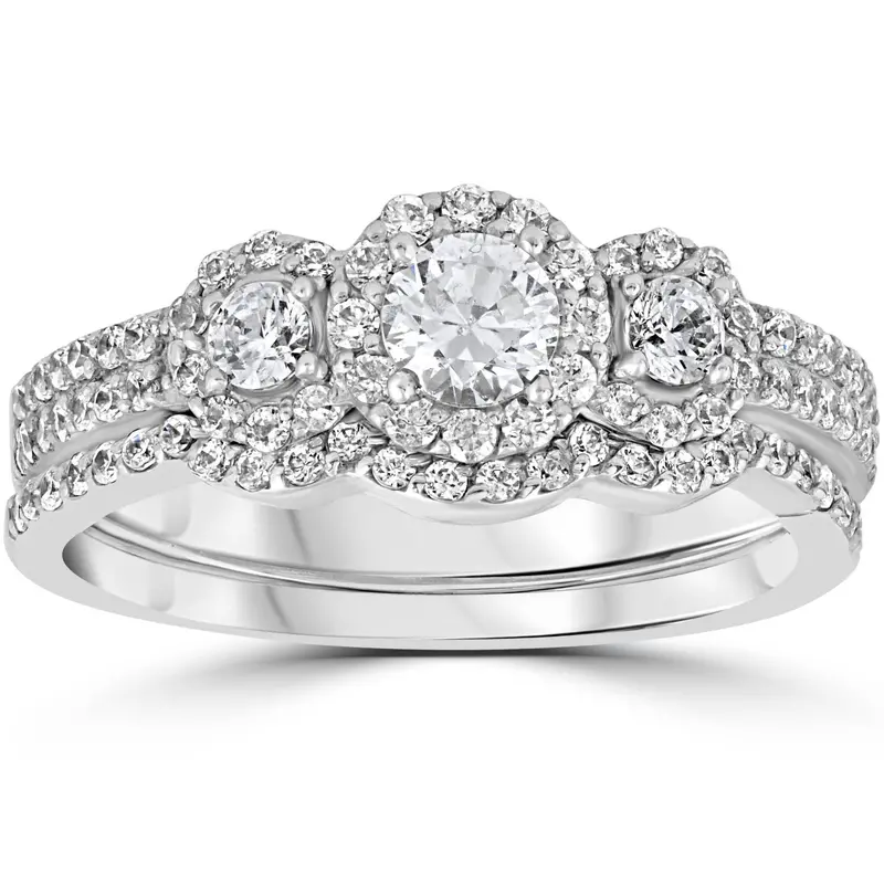 1.00Ct 3-Stone Diamond Engagement Wedding Ring Set 10K White Gold Size Selectable 1