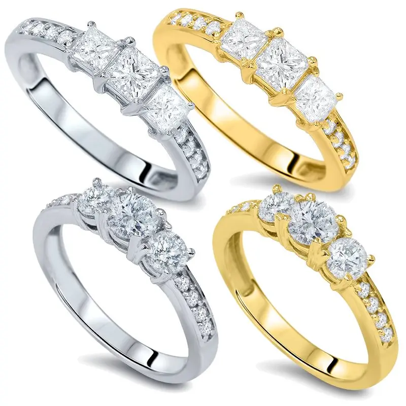 1.00Ct 3-Stone Round Or Princess Cut Diamond Ring 14K White Or Yellow Gold Size Selectable 1