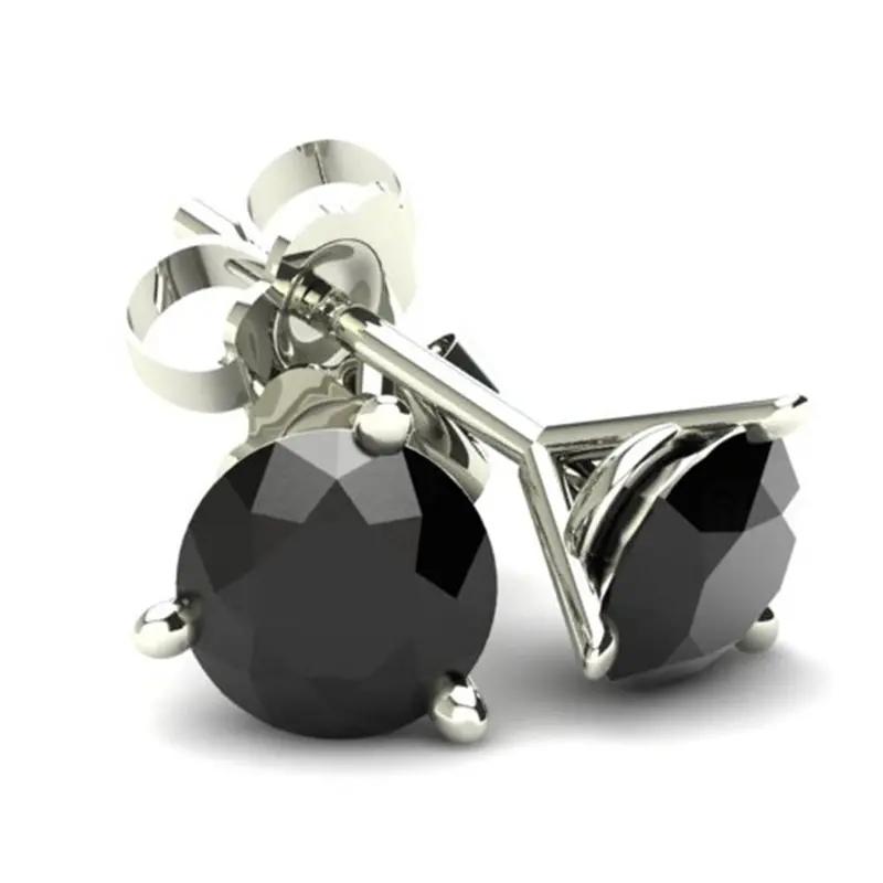 1.00Ct Round Brilliant Cut Heat Treated Black Diamond Stud Earrings In 14K Gold Martini Setting 1