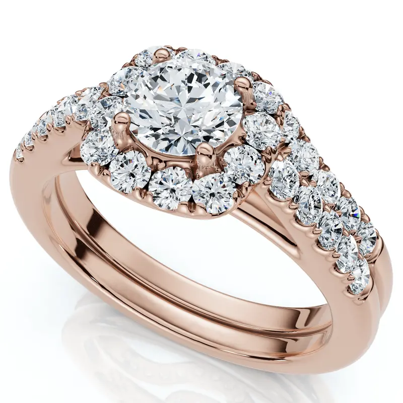 1 1/10Ct Cushion Halo Diamond Engagement Ring & Matching Band Gold/Pt Lab Grown 1
