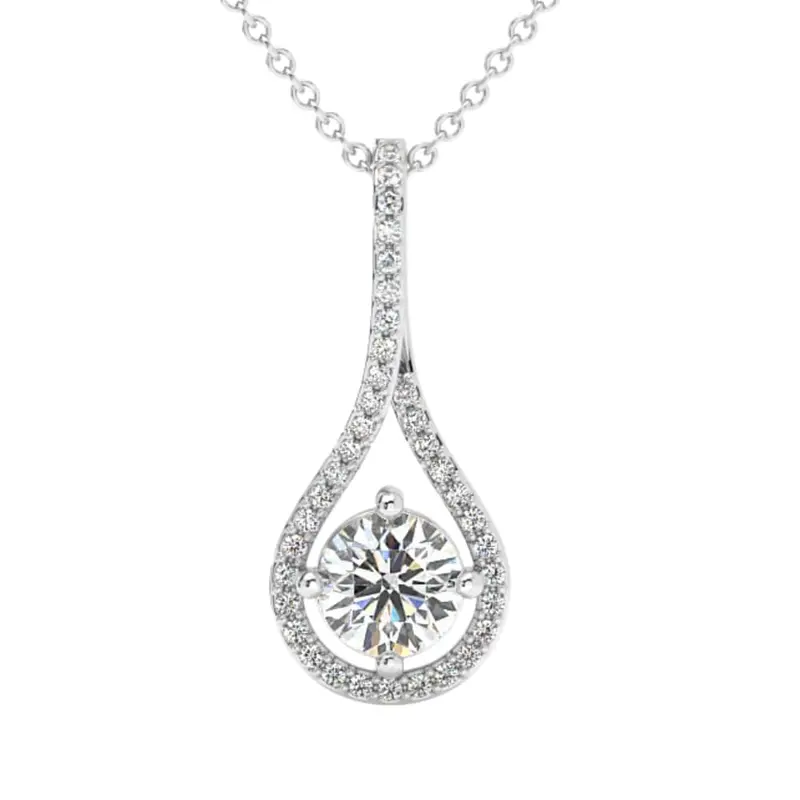 1 1/10Ct Tw Diamond Halo Drop Pendant 14K Gold Necklace Lab Grown 1" Tall 1