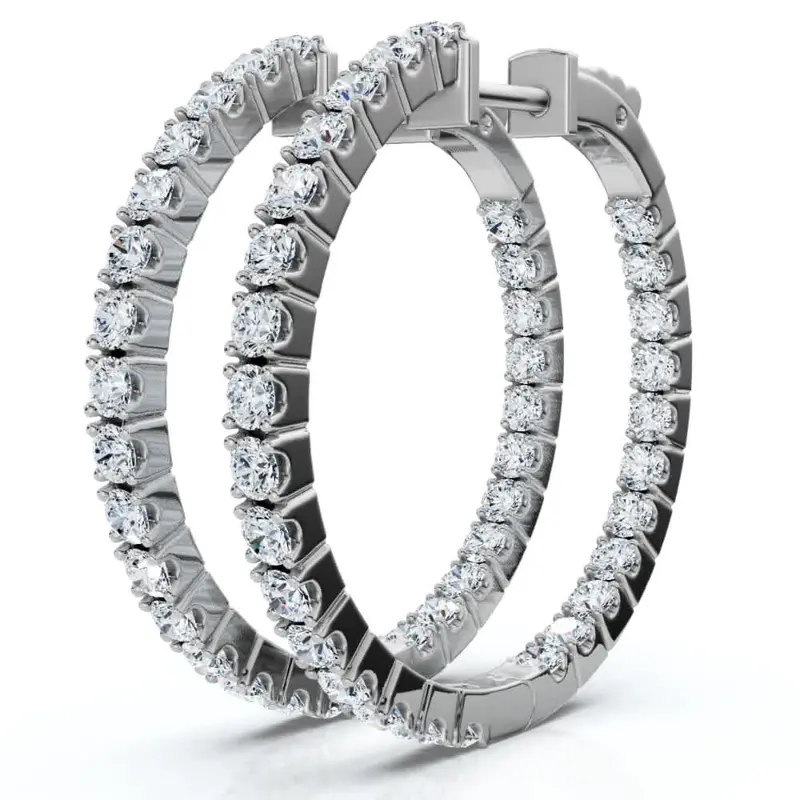 1 1/2 Ct Diamond Inside Outside Hoops Vault Lock 1" Tall 14K White Gold 1