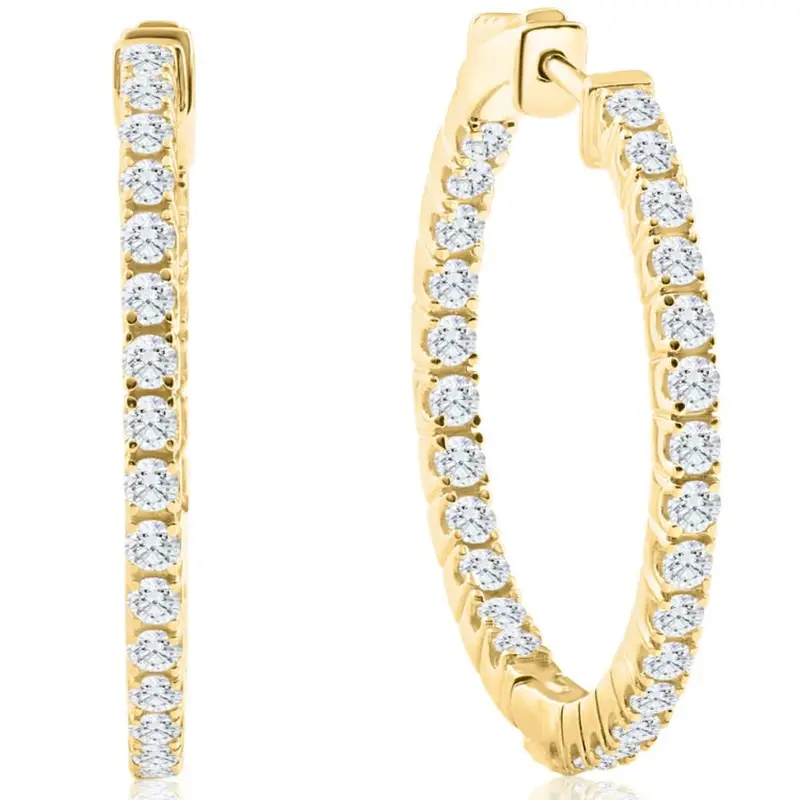 1 1/2 Ct Diamond Inside Outside Hoops Vault Lock 1" Tall 14K Yellow Gold 1