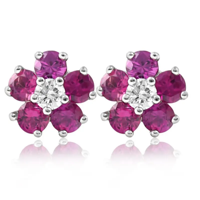 1 1/2 Ct Ruby & Diamond Studs In 14K White Gold 1