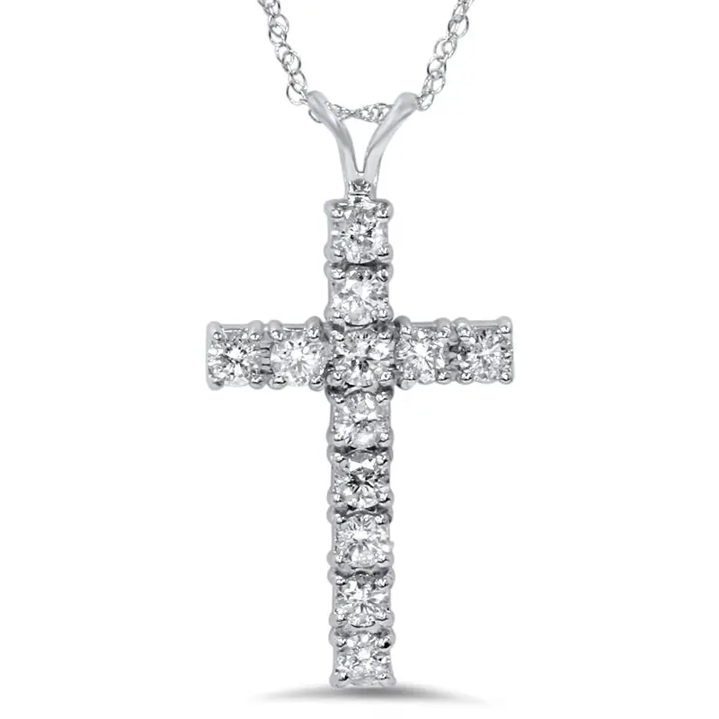 1 1/2 Cttw White Gold Real Diamond Cross Pendant 14K 1 1/4" Tall 1