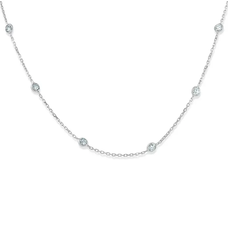 1 1/2 Ctw Diamond Bezel Station Necklace 14K White Gold 18" 1