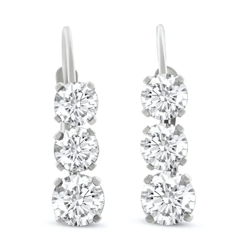 1 1/2Ct 3-Stone Diamond Leverback Hoops Women's Earrings 14K Gold 1/2" Tall Lab 1