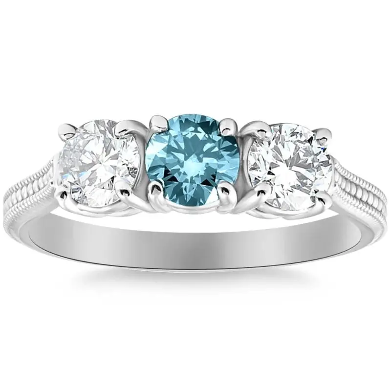 1 1/2Ct Blue Diamond 3-Stone Accent Engagement Ring In Gold Lab Grown 1