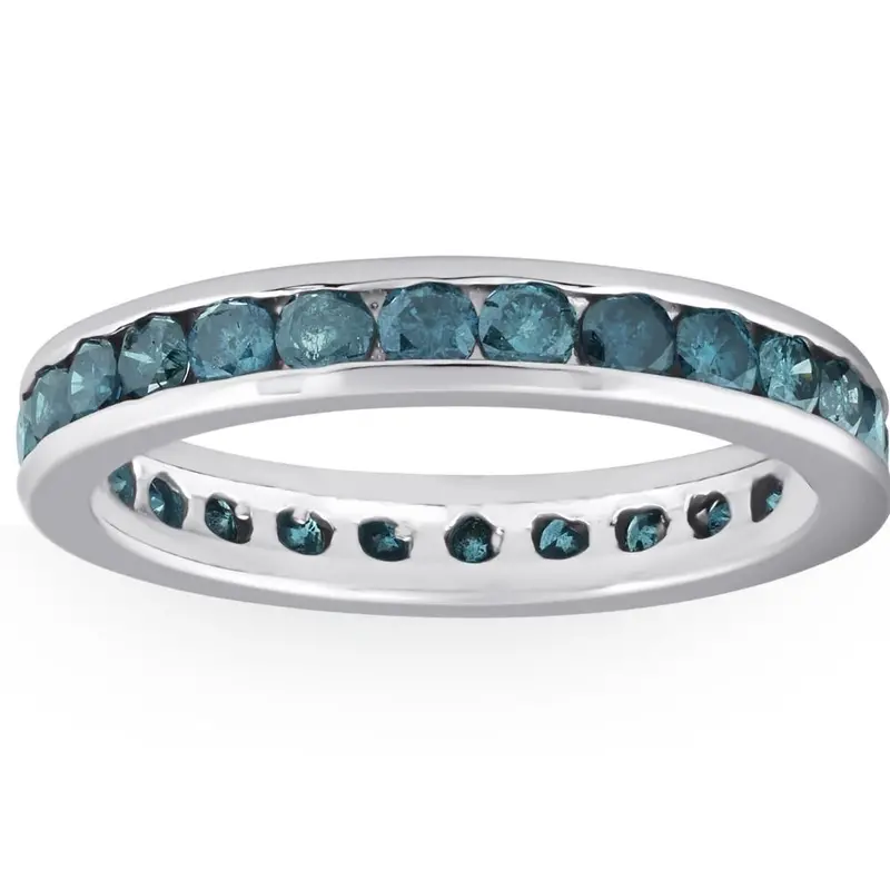 1 1/2Ct Blue Diamond Channel Set Eternity Ring 14K White Gold Size Selectable 1