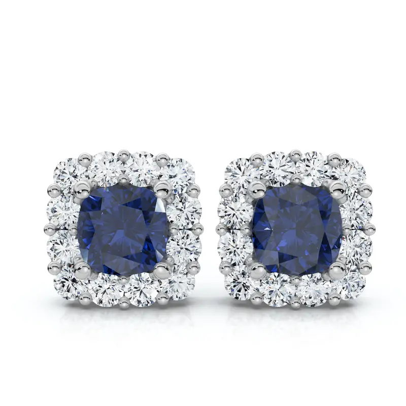 1 1/2Ct Blue Sapphire & Diamond Cushion Halo Studs 14K Gold Earrings Lab Grown 1