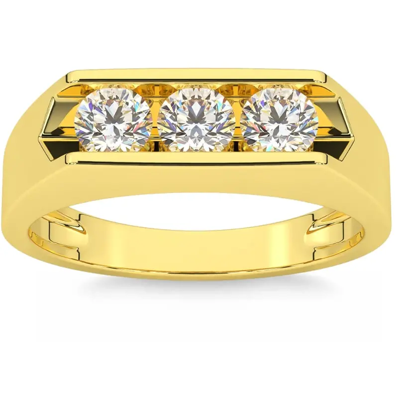 1 1/2Ct Lab Grown Diamond Three Stone Mens Wedding Ring 10K Yellow Gold 1