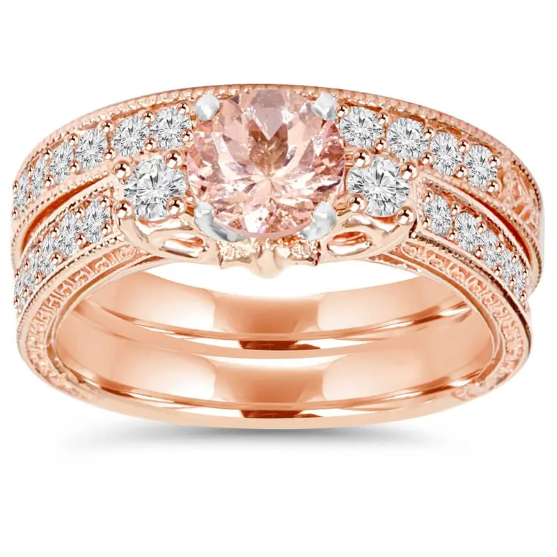 1 1/2Ct Vintage Diamond & Morganite Engagement Wedding Ring Set 14K Rose Gold Size Selectable 1