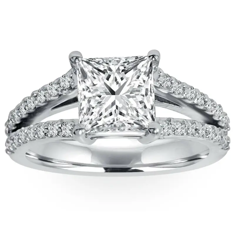 1 1/3Ct Princess Cut Split Shank Enhanced Diamond Engagement Ring 14K White Gold Size Selectable 1