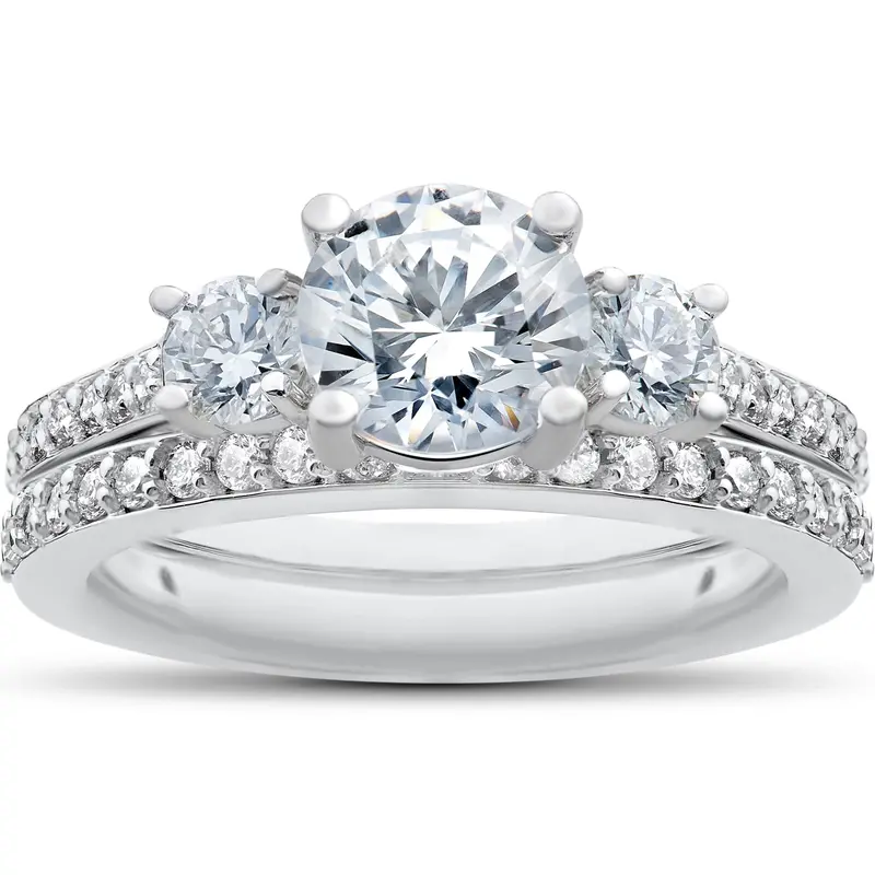 1 1/4 Ct 3-Stone Lab Created Diamond Engagement Ring Wedding Band 14K White Gold 1