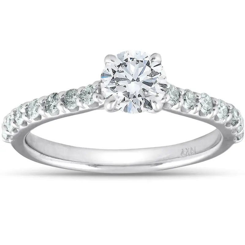 1 1/4 Ct Tdw Round Real Diamond Engagement Ring With Side Stones 14K White Gold 1