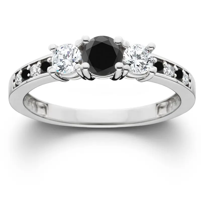 1 1/4Ct Black & White Diamond Engagement 3-Stone Ring 10K White Gold Size Selectable 1