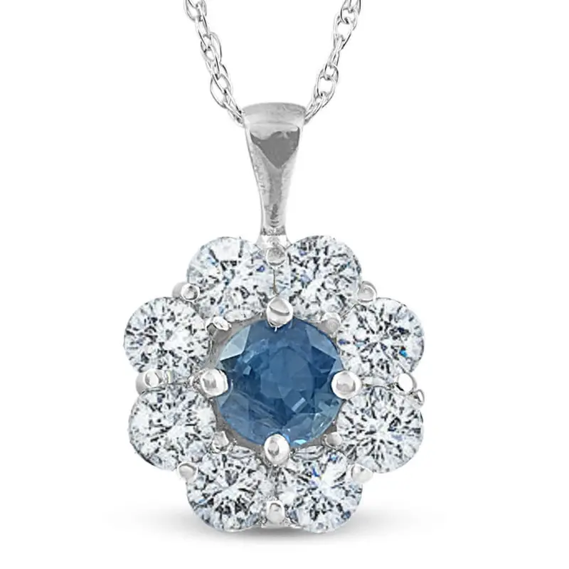 1 1/4Ct Blue Sapphire & Diamond Halo Pendant 14K White Gold 1