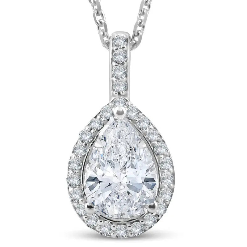1 1/4Ct Pear Shape Halo Diamond Pendant 14K White Gold Necklace Lab Grown 1