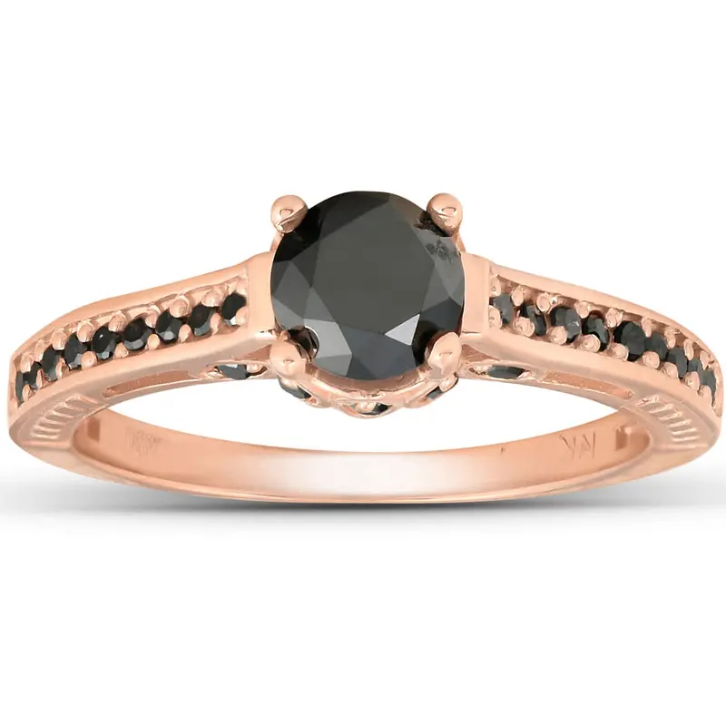 1 1/4Ct Vintage Round Cut Black Diamond Engagement Ring 14K Rose Gold Size Selectable 1