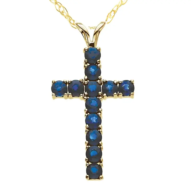 1 1/5 Ct Genuine Blue Sapphire Cross Pendant Necklace 18" Yellow Gold 1" Tall 1