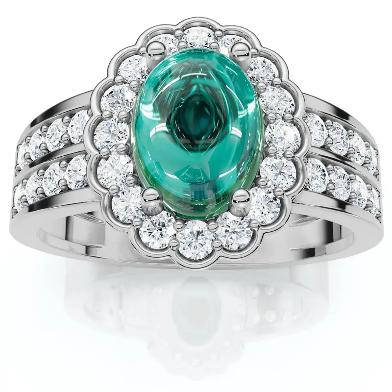 1 1/5Ct Diamond Halo & Oval Emerald Cabochon Ring 10K Gold 1