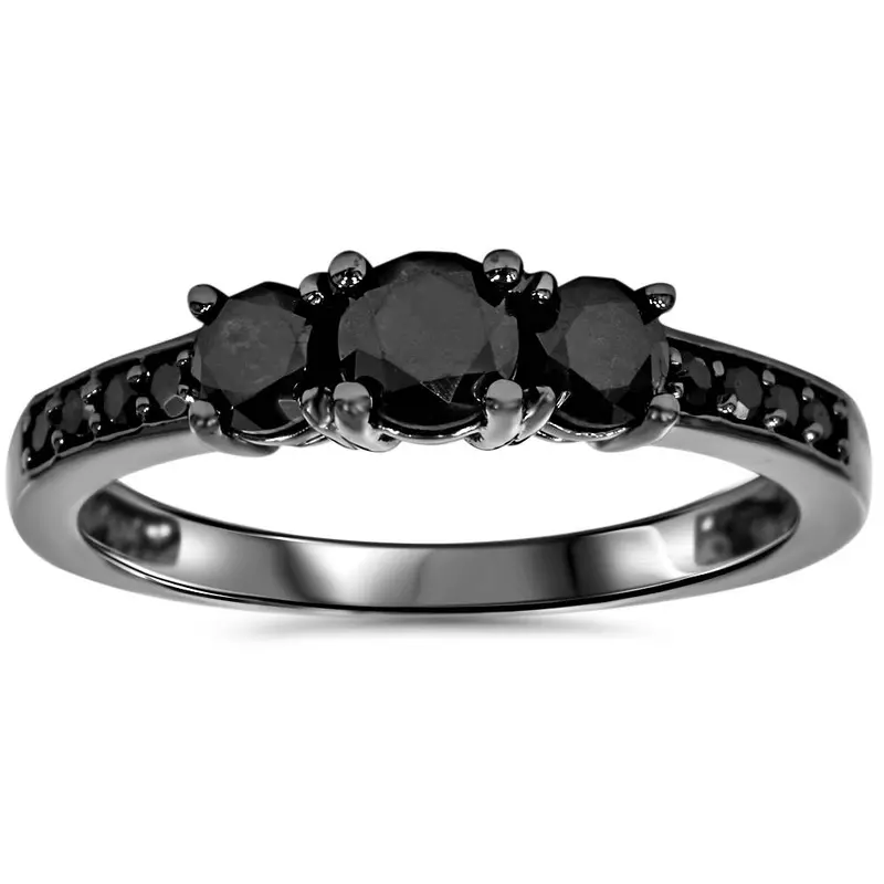 1 1/5Ct Heat Treated Black Diamond 3 Stone Ring 10K Black Gold Size Selectable 1