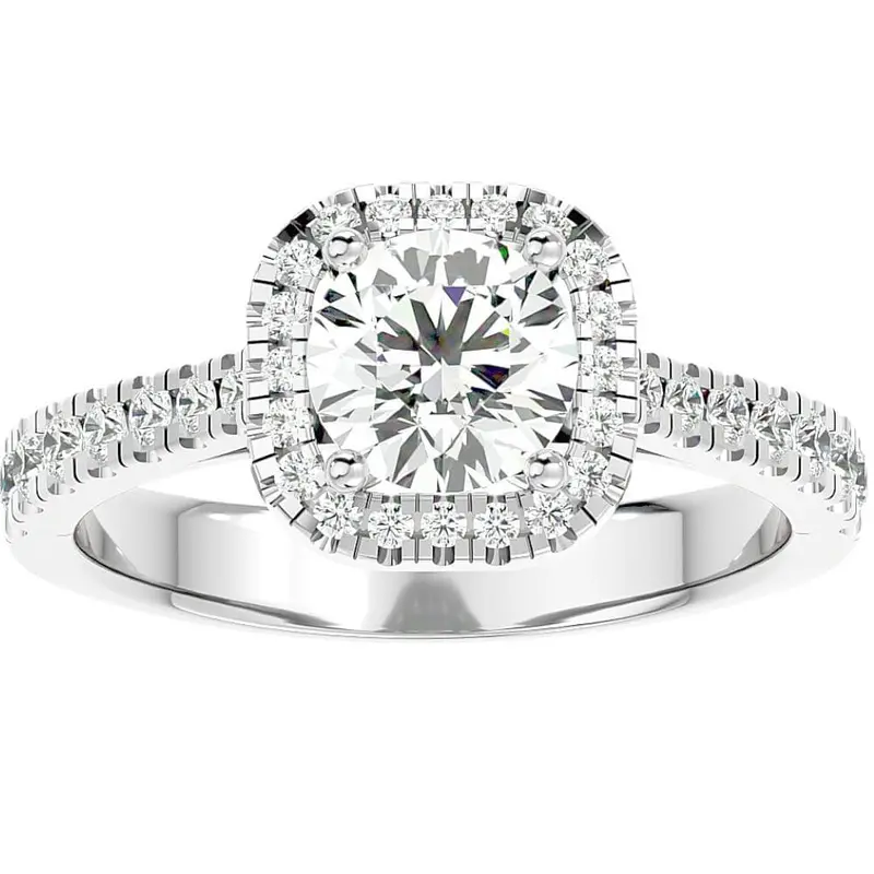1 1/6Ct Moissanite & Diamond Cushion Halo Engagement Ring White Or Yellow Gold 1