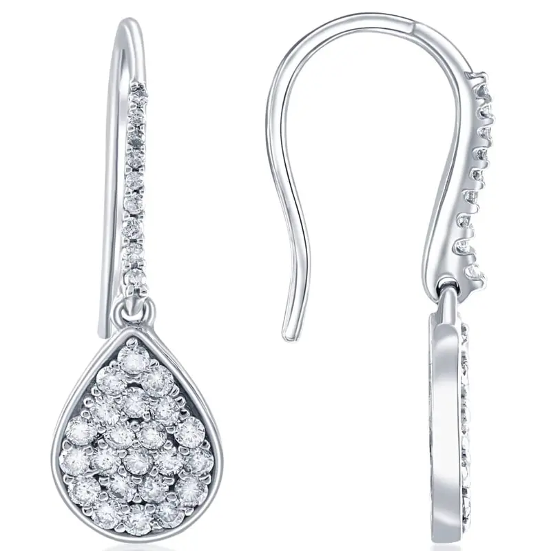 1 1/8Ct Lab Grown Diamond Hoops Dangle Pear Shape 18K White Gold 1 1/4" Tall 1