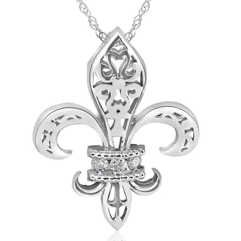 1/10Ct Vintage Fleur De Lis Pendant 14K White Gold 1" Tall 1