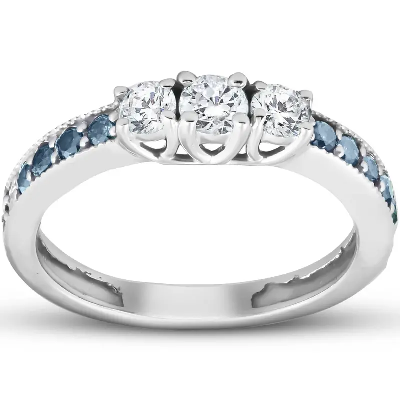 1/2 Ct Blue & White Diamond Three Stone Engagement Anniversary Ring White Gold 1