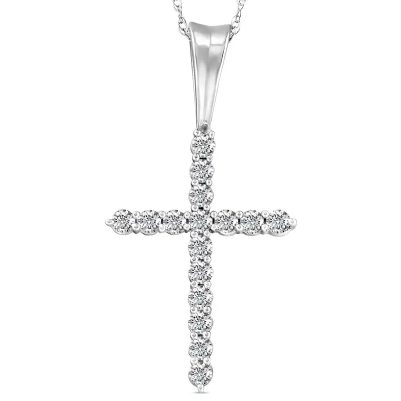 1/2 Ct Diamond Cross Pendant Necklace 18" White Gold 1
