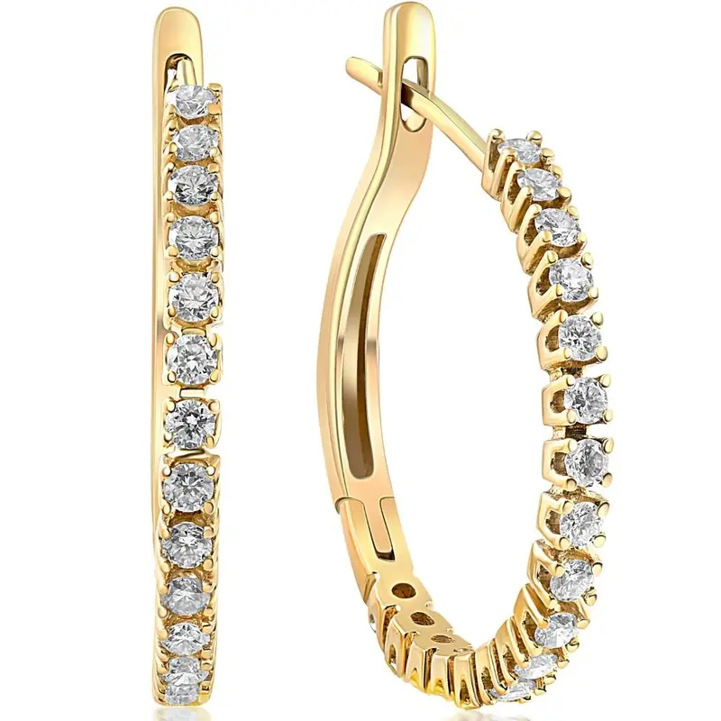 1/2 Ct Diamond Hoops 10K Yellow Gold 1" Tall 1