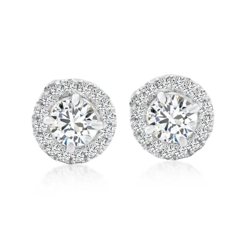 1/2 Ct Halo Diamond Studs 10K White Gold Push Back 1
