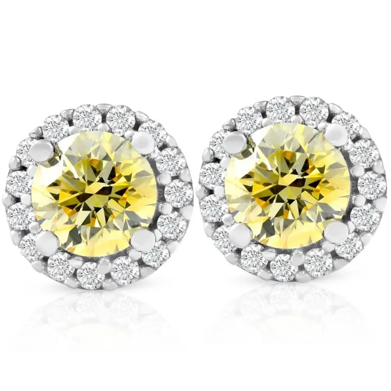 1/2 Ct Halo Fancy Canary Yellow Lab Grown Diamond Studs 10K White Gold Earrings 1
