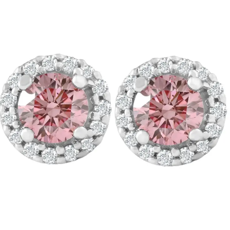 1/2 Ct Halo Pink Diamond Lab Grown Diamond Studs White Gold Screw Back Earrings 1