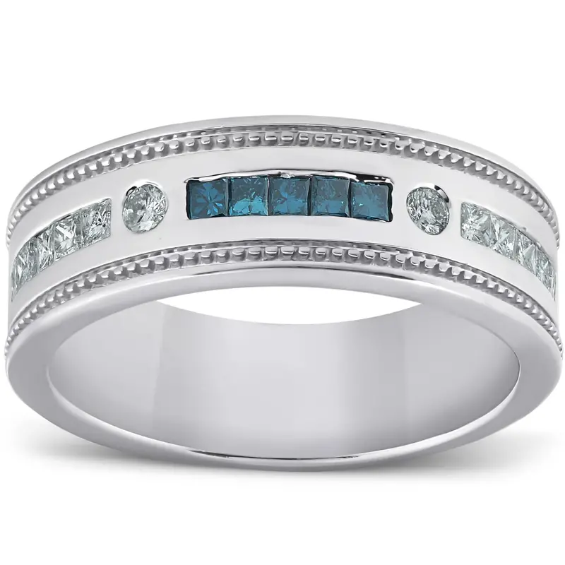 1/2 Ct Mens Blue Diamond Princess Cut Wedding Ring 10K White Gold 1