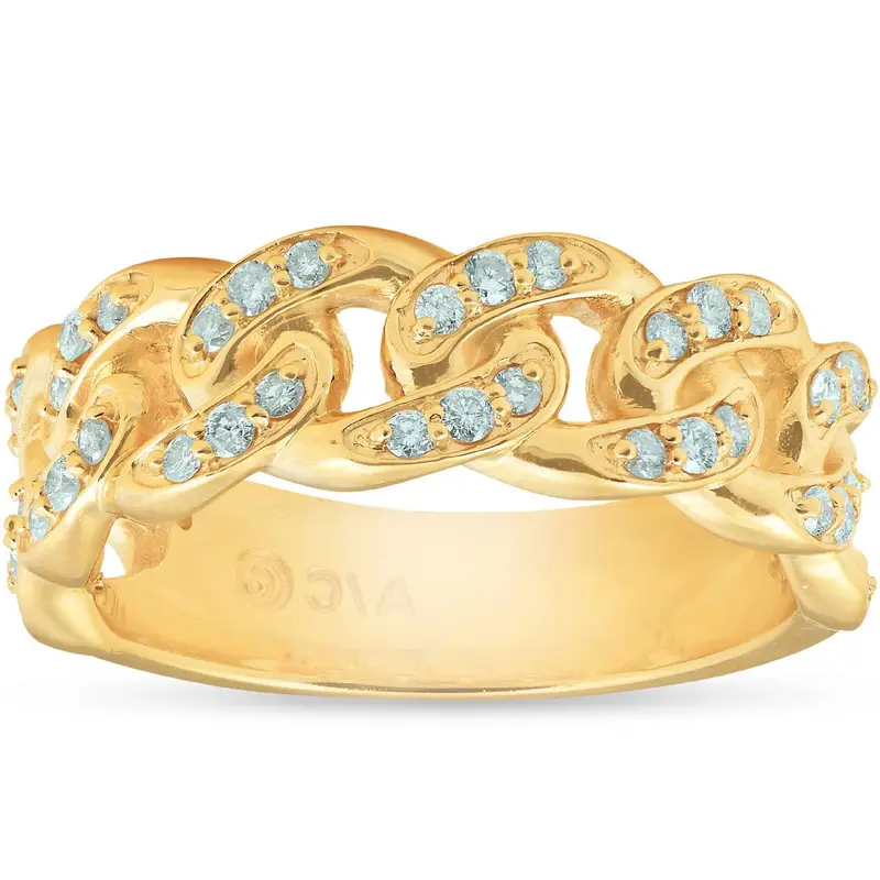 1/2 Ct Mens Heavy Weight Solid Yellow Gold Curb Chain Diamond Ring Wedding Band 1