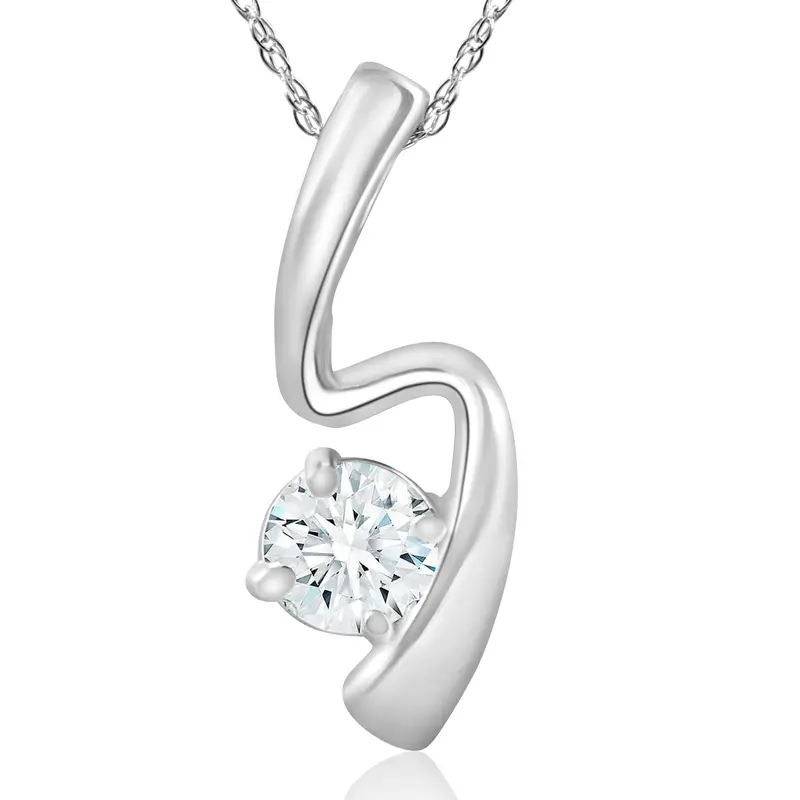 1/2 Ct Solitaire Round Diamond 14K White Gold Curve Pendant & 18" Chain 1