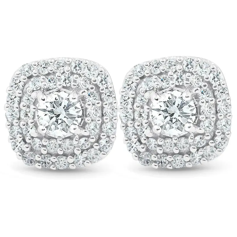 1/2 Ct Tdw Genuine Diamond Cushion Halo Studs 10K White Gold 1/3" 1