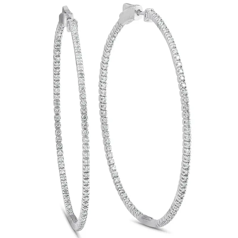1.20Ct Diamond Inside Outside Skinny Hoops 14K White Gold Lab Grown2" Tall 1