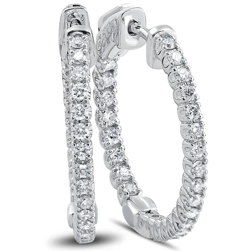 1.25 Ct Diamond Oval Shape Inside Outside Hoops Earrings 14K White Gold 1" 1
