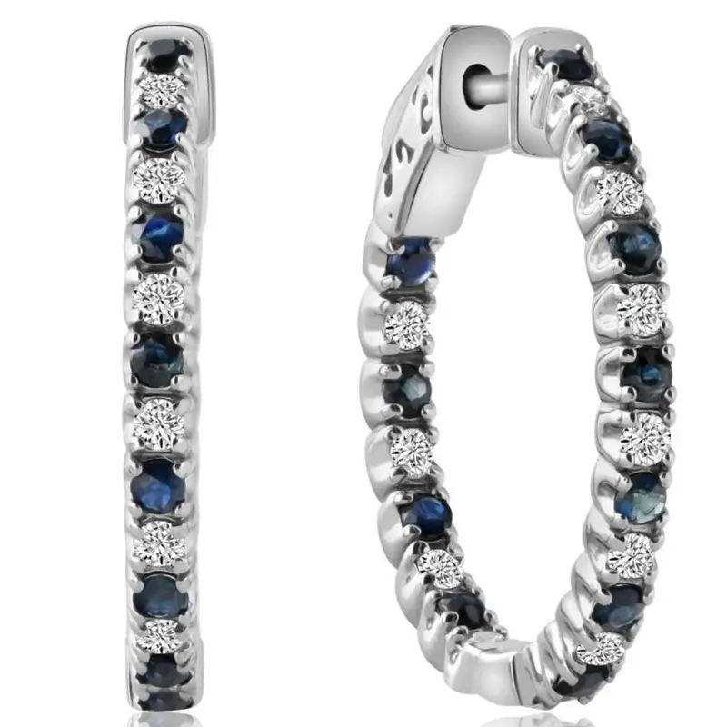 1.25Ct Diamond & Blue Sapphire Inside Outside Hoops 14K White Gold Lab Grown 1