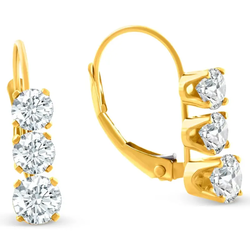 1/2Ct 3 Stone Diamond Earrings 14K Yellow Gold Lever Back Hoops 1