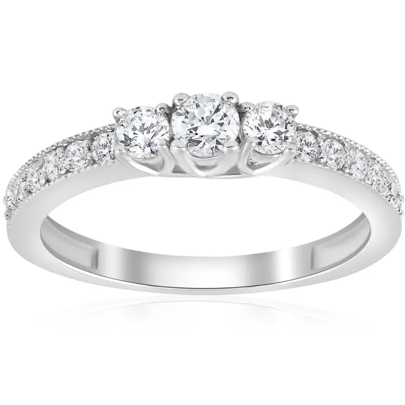 1/2Ct 3-Stone Round Diamond Ring 14K White Gold Size Selectable 1