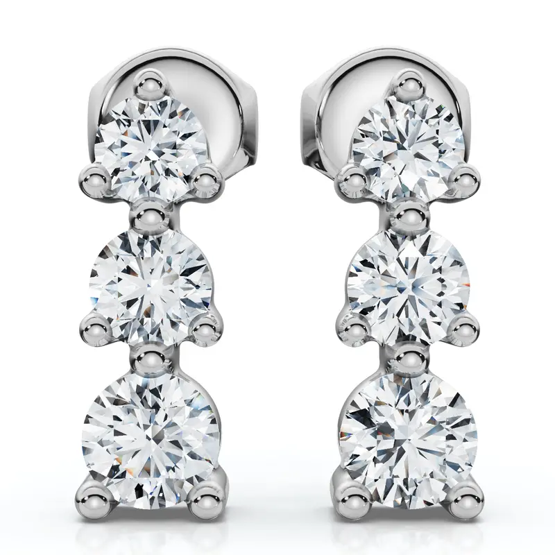 1/2Ct 3 Stone Round Graduated Diamond Earrings 14K White Gold 1