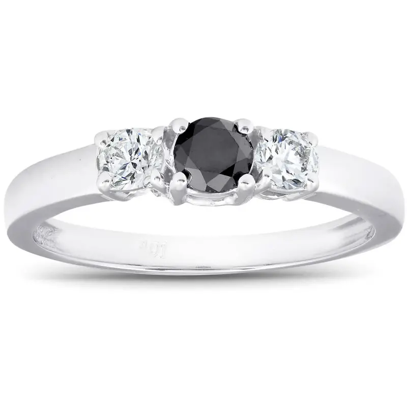 1/2Ct Black & White Diamond 3-Stone Engagement Ring 10K White Gold Size Selectable 1
