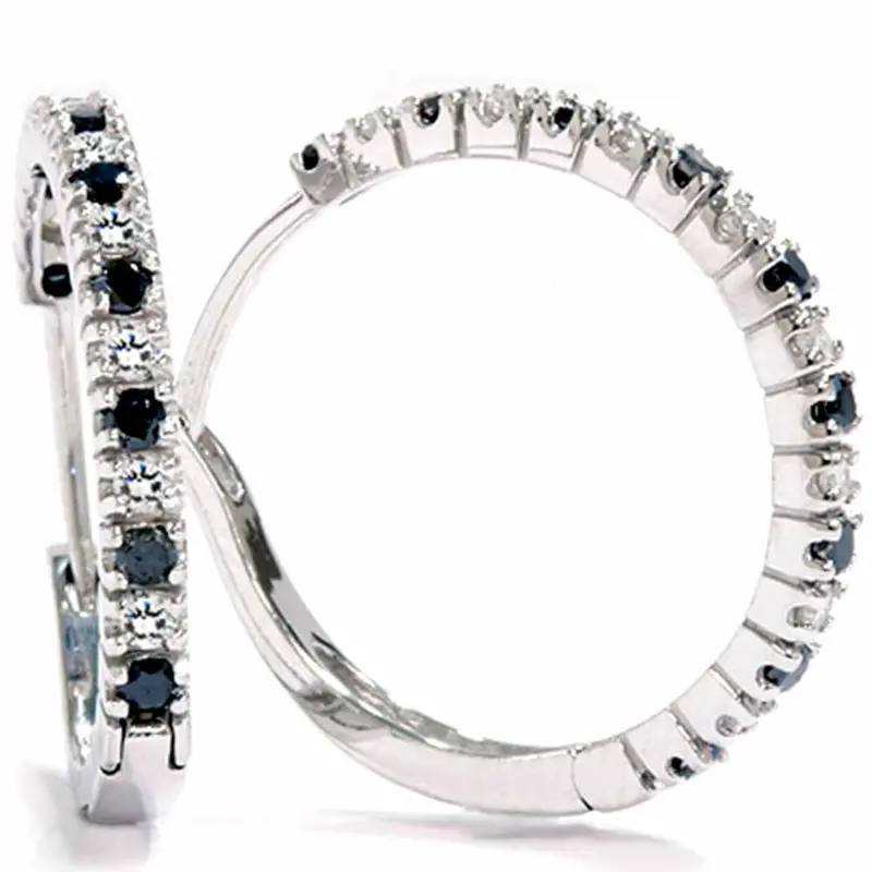 1/2Ct Black & White Diamond Hoops 14K White Gold 1