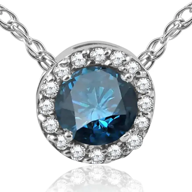 1/2Ct Blue Diamond Pave Halo Pendant 14K White Gold Womens Necklace & 18" Chain 1