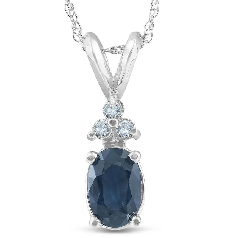 1/2Ct Blue Sapphire Oval Shape & Diamond Pendant 14K White Gold 1