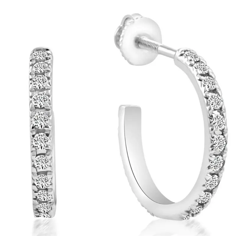 1/2Ct Diamond Hoops With Screw Backs 10K White Gold 1/2" Tall 1